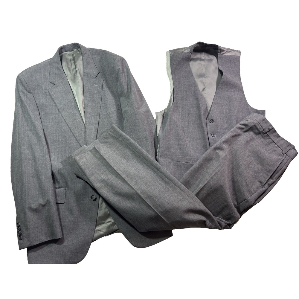 mens gray Vintage 80s 3pc Pant‎ Suit knit polyester retro hand tailored 44 L